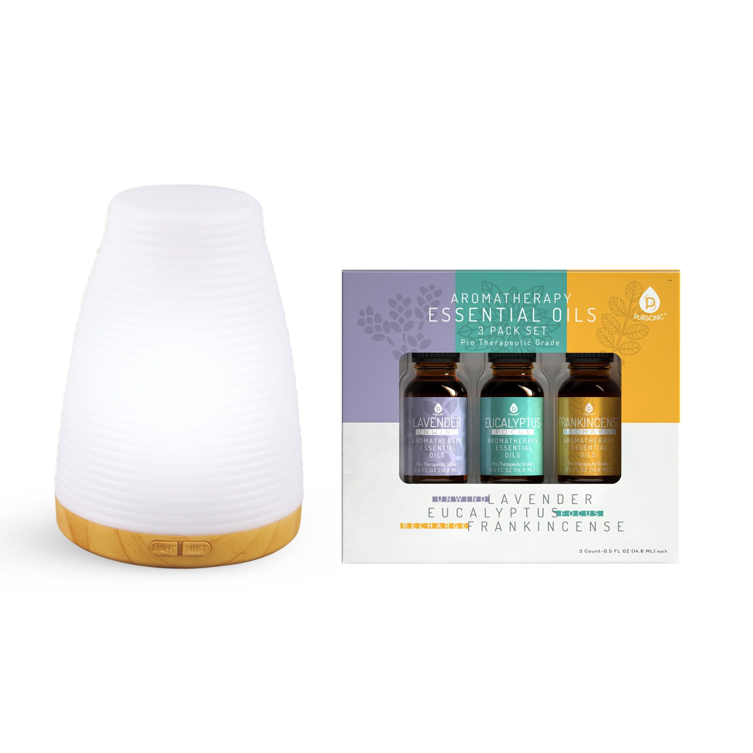 Pursonic Aromatherapy 2 in 1 USB Diffuser & Essential Oil Set-Ultrasonic Top 3 Oils-300ml with 2 Mist Settings 7 Ambient Light Settings - Image 3
